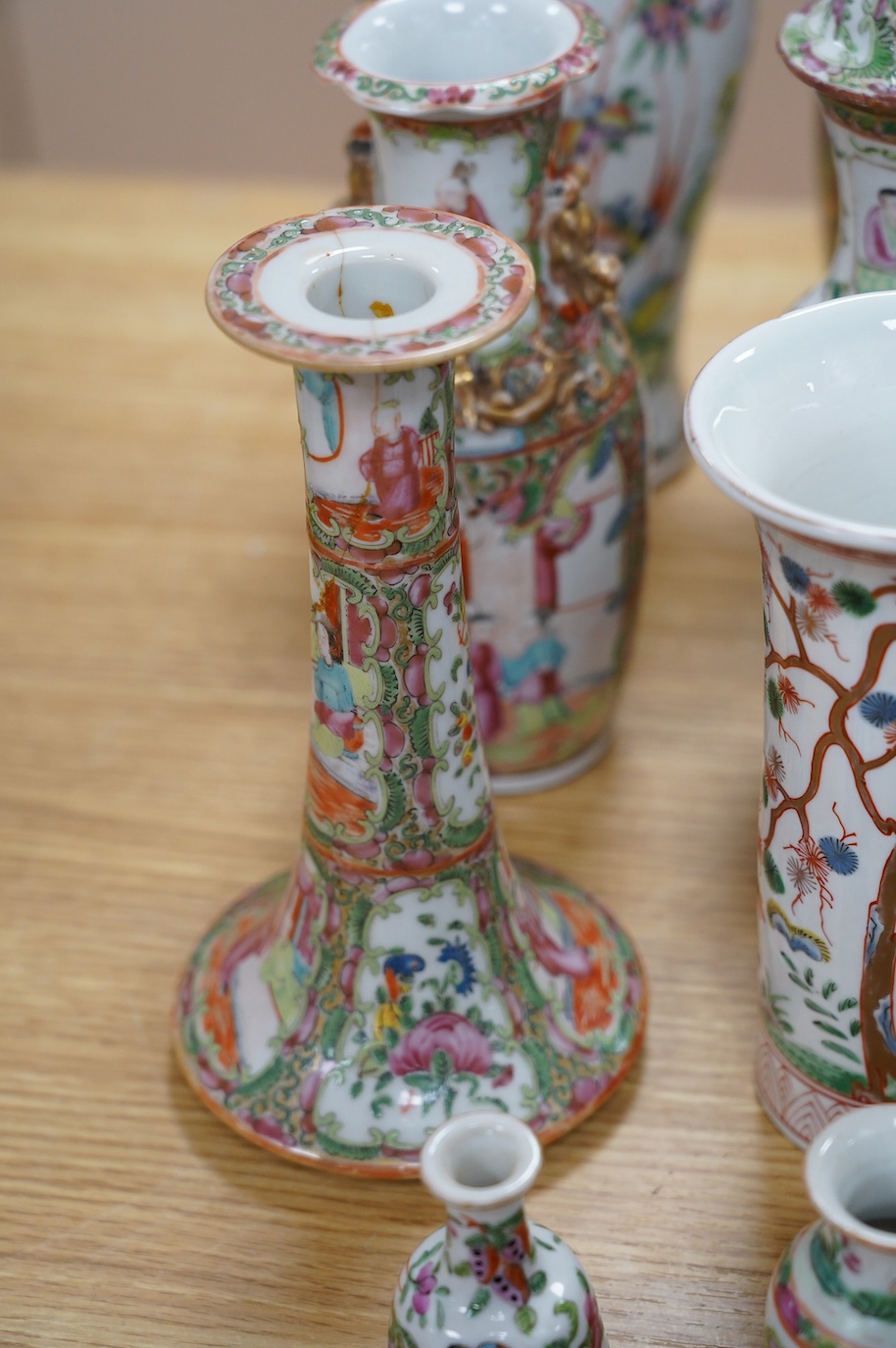 A group of 19th century and later Chinese famille rose porcelain vases and teapots, tallest 39cm high. Condition - poor